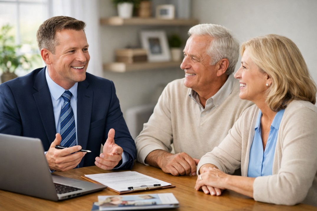 Senior living consultant meeting with an elderly couple to discuss care options and community services.